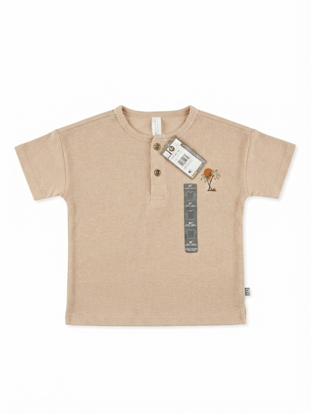 Kids Short Sleeve Henley Tee in Tan with Palm Motif